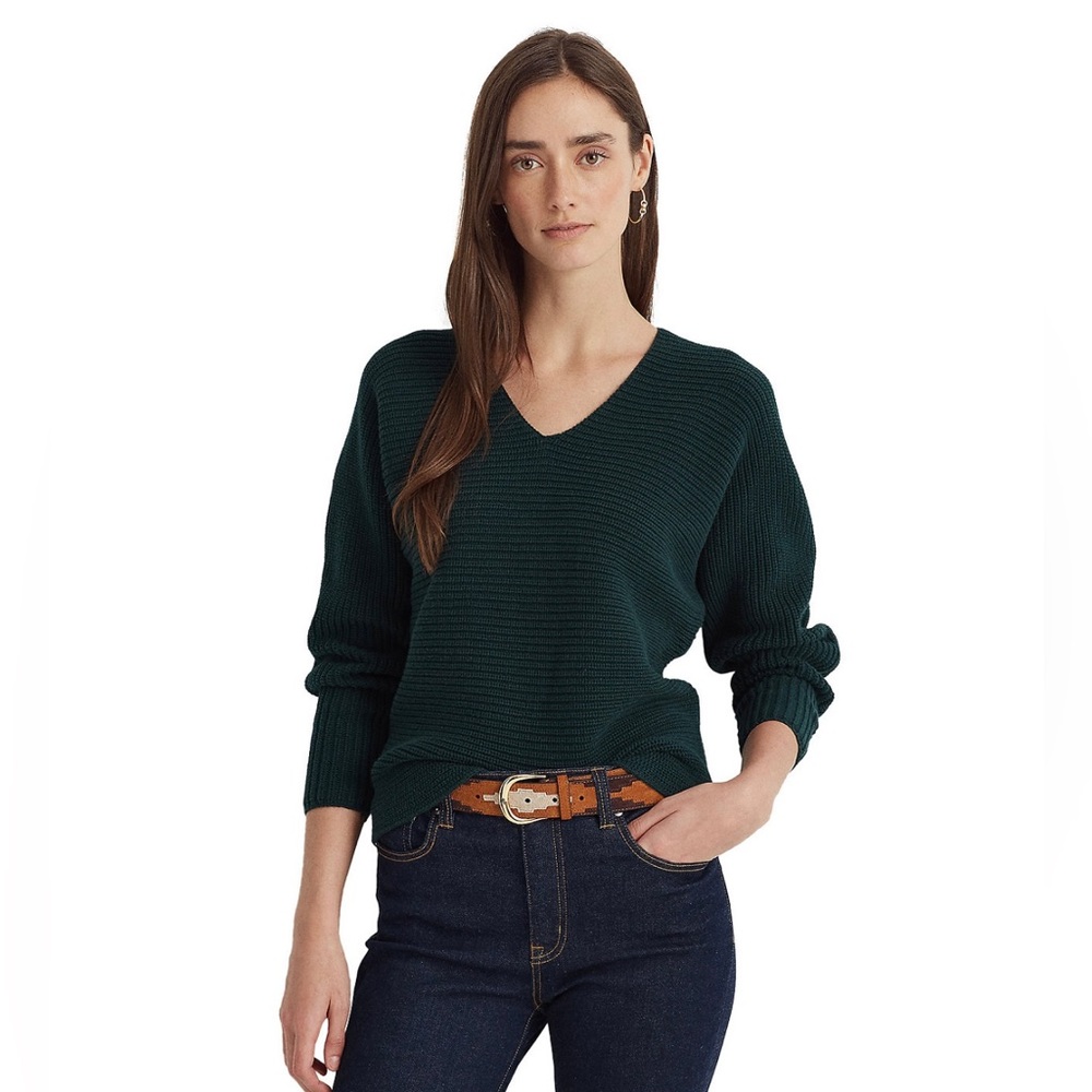 NWT Lauren Ralph Lauren Deep V-Neck Combed Cotton Sweater
